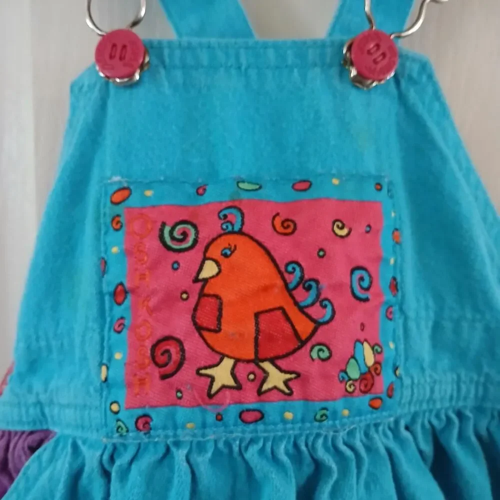 VTG 90s OshKosh B'gosh 100% Cotton Colorblock Bird Jumper Overalls Dress 3T USA